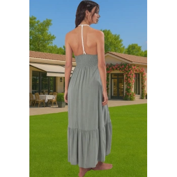 Pamuklu Elastan Maxi Elbise Etnik Desenli Yazlık Plaj Giysisi Trend Tasarım Seçkin Malzeme