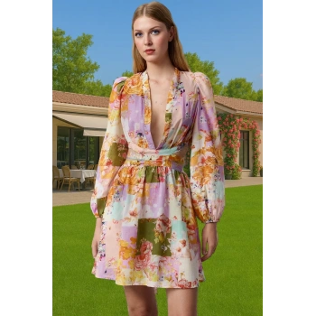 Pamuklu Etnik Desenli Mini Plaj Elbisesi V Yaka Balon Kol Özenle Seçilmiş Modern Stil Özel Tasarım