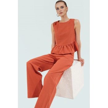 Pamuklu Fırfırlı Bluz Geniş Paça Pantolon Takım Yazlık Şıklık Yüksek Kalite