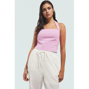 Pamuklu Keten Bluz Kolsuz Kare Yaka Fitted Basic Mükemmel Uyum Zarifane Tasarım