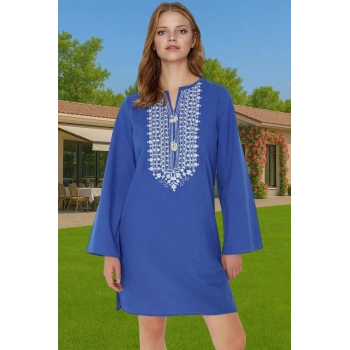 Pamuklu Maxi Plaj Elbisesi Dokuma Nakış Detaylı Rahat Tasarım Trend Tasarım Kaliteli İşçilik