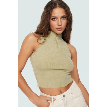 Pamuklu Örme Bluz Fitted Halter Yaka Fermuarlı Yazlık Konforlu Kesim Şık Görünüm