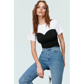 Pamuklu Örme Bluz Renk Bloklu Fitted Büzgü Detaylı Kemersiz Yazlık Özenle Seçilmiş