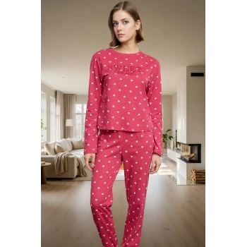 Pamuklu Örme Pijama Takımı Kalpli Desen Lastikli Paça Rahat Uyku Uzun Ömürlü Yüksek Kalite