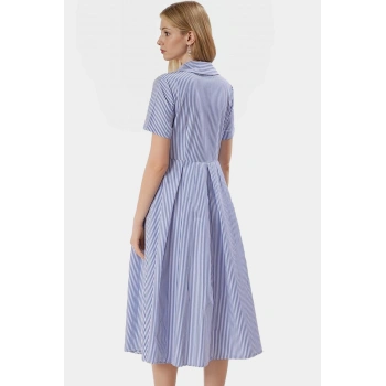 Pamuklu Polyester Dokuma Midi Elbise Çizgili Skater Kalıp Yazlık Mükemmel Uyum Premium Kalite