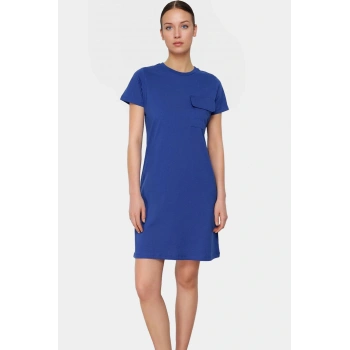 Pamuklu T shirt Elbise A line Cep Detaylı Kısa Kol Bisiklet Yaka Günlük Kullanım İçin