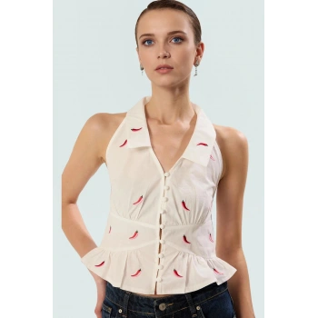 Pamuklu Terrycotton Crop Bluz Fitted Kalıp Biber Nakış Detaylı Kaliteli İşçilik