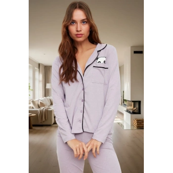 Panda Baskılı Örme Pijama Takımı Pamuklu Rahat Uzun Kollu Boru Paça Seçkin Malzeme