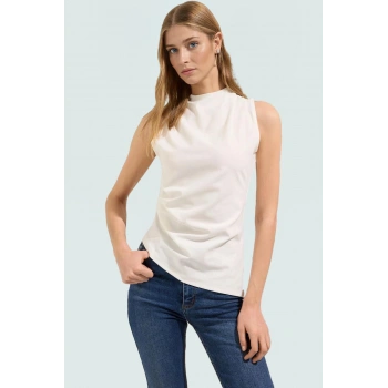 Paper Touch Örme Bluz Renk Asimetrik Kesim Dik Yaka Rahat Kullanım Seçkin Malzeme