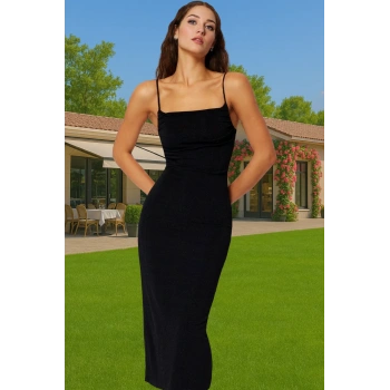 Parıltılı Örme Midi Elbise Vücudu Saran Askılı Degaje Yaka Modern Stil Şık Görünüm Özenle Seçilmiş