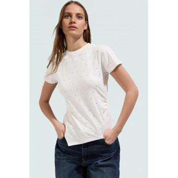 Parıltılı Taş Detaylı Pamuklu Örme T shirt Rahat Şık Yazlık Zarifane Tasarım Trend