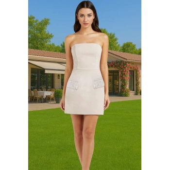 Parlak Taşlı Mini Abiye Elbise A line Polyester Dokuma Yazlık Premium Kalite Profesyonel Görünüm
