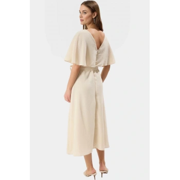 Pelerin Detaylı A Kesim Elbise  Polyester Midi Boy Rahat Kalıp Trend Tasarım