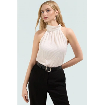 Pilise Örme Bluz Halter Yaka Regular Kalıp Yazlık İş Elbisesi Uzun Ömürlü Konforlu Kesim