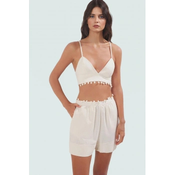 Plaj Büstiyer Şort Takımı Pamuklu Kolsuz Keten Görünümlü Seçkin Malzeme Yüksek Kalite