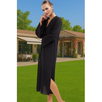 Plaj Elbisesi %100 Pamuk V Yaka Uzun Kollu Yazlık Casual Rahat Ve Şık Günlük Kullanım İçin