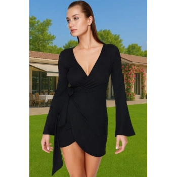 Plaj Elbisesi Kadın Mini V Yaka Bağlamalı Krep Dokuma Yazlık Modern Stil Modern Stil Özel Tasarım