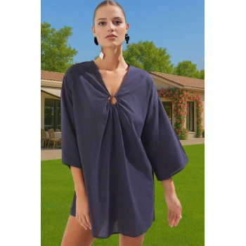 Plaj Elbisesi Keten Görünümlü Tek Kol Bisiklet Yaka Yazlık Pamuklu Rahat Ve Şık Premium Kalite