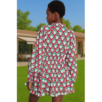 Plaj Elbisesi Pamuklu Geometrik Desenli Mini V Yaka Trend Tasarım Rahat Ve Şık Dayanıklı Malzeme