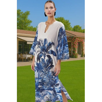 Plaj Elbisesi Tropikal Desenli Maxi Vual Pamuk Yazlık Konforlu Kesim Trend Tasarım Seçkin Malzeme