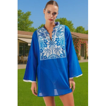 Plaj Elbisesi Tropikal Desenli Mini Boy Vual Kumaş Yazlık Yüksek Kalite Özenle Seçilmiş