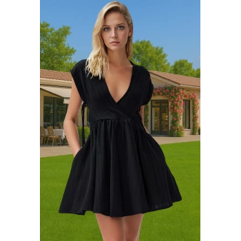 Plaj Elbisesi V Yaka Mini Elbise Keten Karışımlı Yazlık Elbise Yüksek Kalite Özenle Seçilmiş