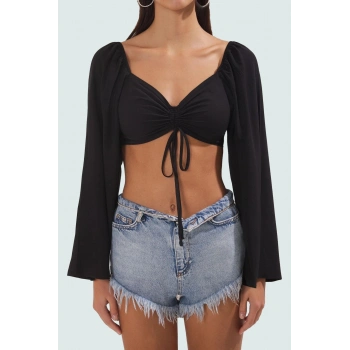 Plaj için İdeal Dokuma Fitted Bluz Degaje Yaka Uzun Kollu Şık Görünüm Rahat Ve