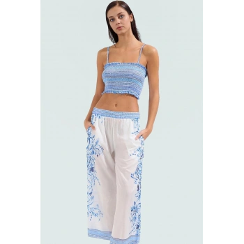 Plaj için Mükemmel Çiçek Desenli Terrycotton Kumaşlı Bluz Pantolon Takım Dayanıklı Malzeme