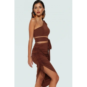 Plaj için Mükemmel Tek Omuzlu Kolsuz Örme Bluz Etek Takım Özel Tasarım Günlük Kullanım İçin