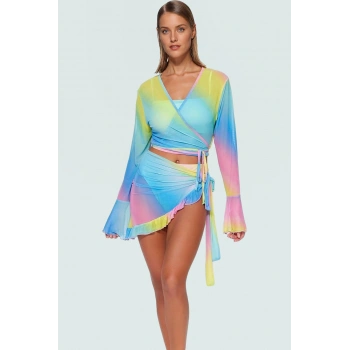 Plaj için Örme Mesh Bluz Etek Takım Degrade Desenli V Yaka Fitted Konforlu Kesim Modern Stil