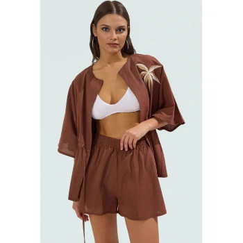 Plaj İçin Pamuklu Bluz Şort Takımı Rahat Kesim Dik Yaka Truvakar Kol Mükemmel Uyum