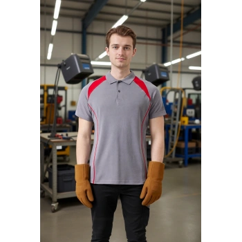 Polo Yaka Tişört GriKırmızı Detaylar İş Güvenliği Vancelya shirt Nefes Alabilir Şık Rahat Günlük