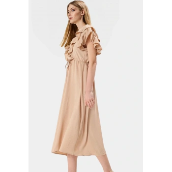 Polyester Aerobin Dokuma Elbise Midi Boy Volan Detay Lastikli Bel Profesyonel Görünüm