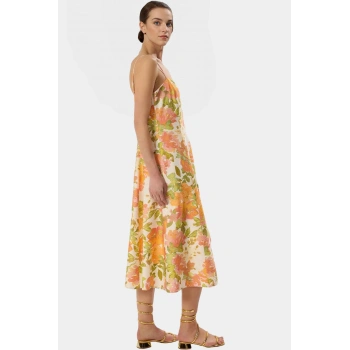 Polyester Aerobin Dokuma Midi Elbise Çok Çiçek Desenli Skater Kalıp Trend Tasarım