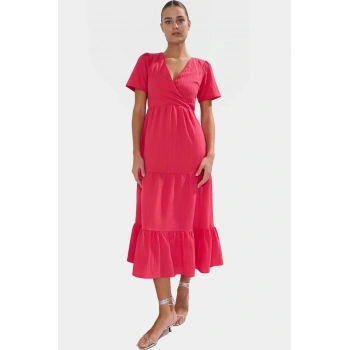 Polyester Dokuma Maxi Elbise V Yaka Skater Belden Açılan Etek Uzun Ömürlü Kaliteli İşçilik