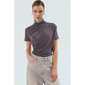 Polyester Elastan Örme Bluz Dik Yaka Fitted Kısa Kollu Yazlık Yüksek Kalite Rahat Kullanım