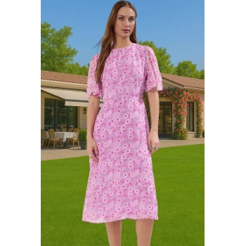 Polyester Midi Elbise Şifon Kumaş A Kesim Melek Kol Astarlı Zarifane Tasarım Trend Tasarım