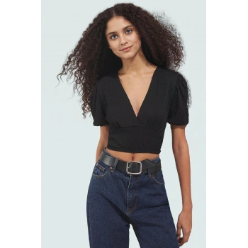 Polyester Örme Bluz Crop V Yaka Balon Kol Fitted Kalıp Özel Tasarım Rahat Ve Şık