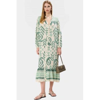 Polyester Shally Dokuma Elbise Midi Boy Truvakar Kol Geniş Kesim Modern Stil Seçkin Malzeme