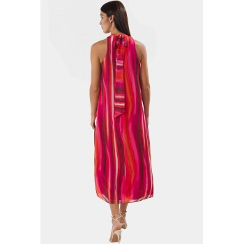 Polyester Şifon Maxi Elbise Dik Yaka Kolsuz Soyut Desen Boy Relaxed Fit Mükemmel Uyum