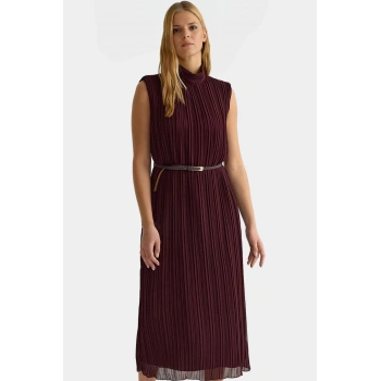 Polyester Şifon Midi Elbise Düz Kesim Piliseli Kemer Detayı Dayanıklı Malzeme Rahat Ve Şık