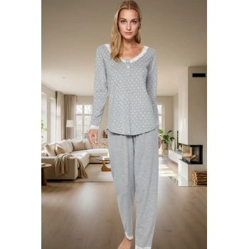Puantiyeli Dantel Detaylı Pamuklu Örme Pijama Takımı Kışlık Konfor Mükemmel Uyum Trend Tasarım