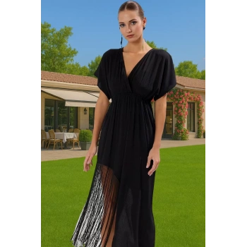 Püsküllü Dokuma Midi Elbise Pamuk Viskoz Yazlık Plaj Elbisesi Seçkin Malzeme Trend Tasarım