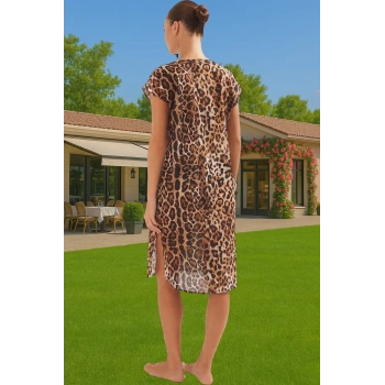 Rahat %100 Pamuk Leopar Desenli Maxi Elbise Plaj ve Günlük Kullanım Zarifane Tasarım Trend Tasarım