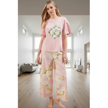 Rahat %100 Pamuklu Pijama Çiçek Desenli Kısa Kollu Ev Giyim Seti Günlük Kullanım İçin