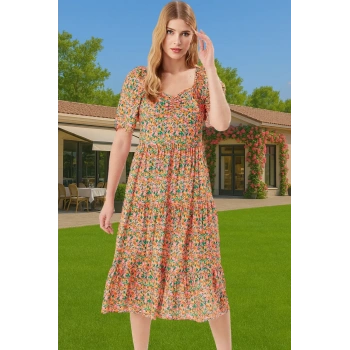 Rahat A Kesim Balon Kollu Midi Viskoz Elbise Kaliteli İşçilik Dayanıklı Malzeme Uzun Ömürlü