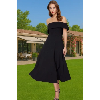 Rahat Astarlı Midi Abiye Elbise Skater Kalıp Yazlık Finike Dokuma Profesyonel Görünüm Trend Tasarım