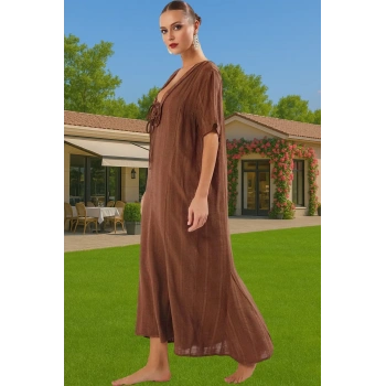 Rahat Bağlamalı Keten Görünümlü Maxi Elbise Tesettür Yazlık Plaj Uzun Ömürlü Mükemmel Uyum