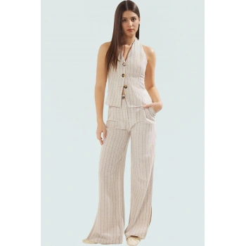 Rahat Çizgili Keten Takım Yelek ve Geniş Paça Pantolon Kaliteli İşçilik Mükemmel Uyum