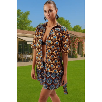 Rahat Etnik Desenli Mini Pamuk Vual Plaj Elbisesi Zarifane Tasarım Trend Tasarım